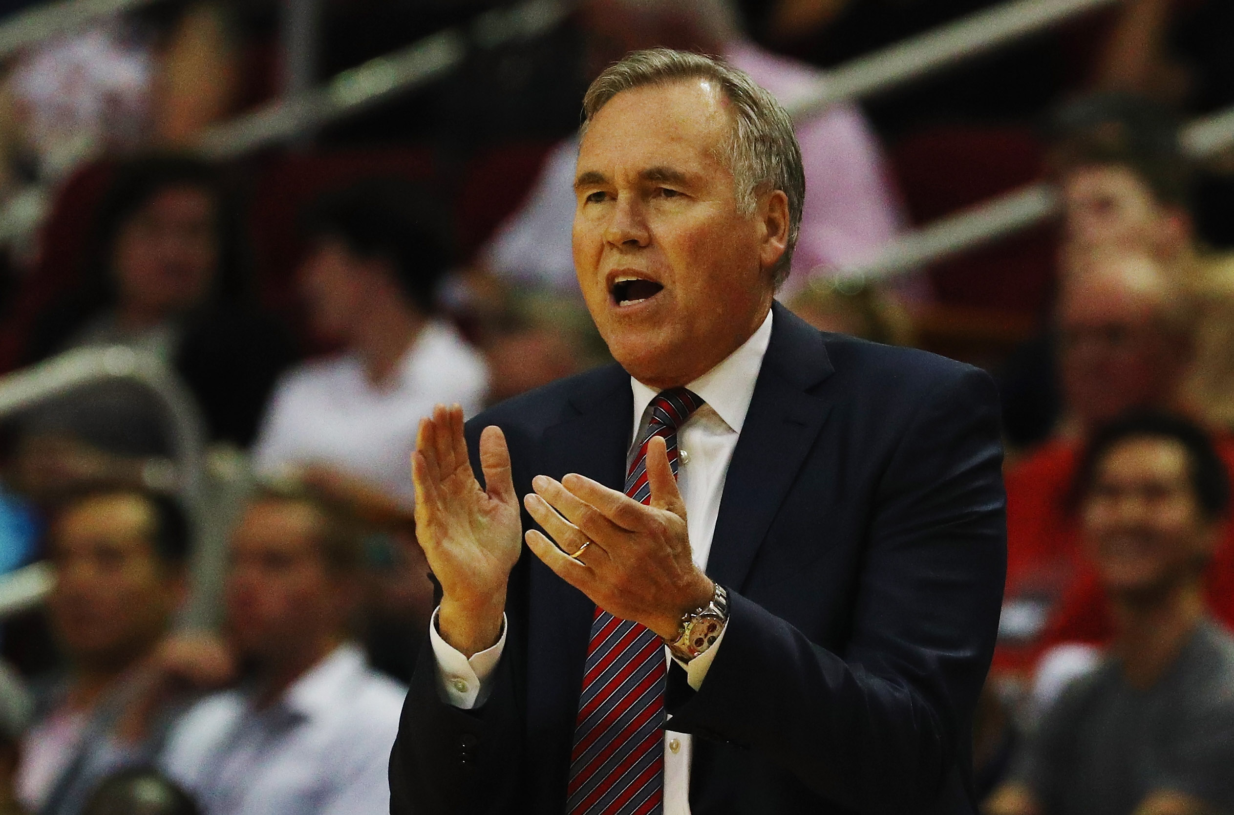 HOUSTON, TX - OCTOBER 04: Head coach Mike D'Antoni of the Houston Rockets watches the play during their game against the New York Knicks at the Toyota Center on October 4, 2016 in Houston, Texas. NOTE TO USER: User expressly acknowledges and agrees that, by downloading and or using this Photograph, user is consenting to the terms and conditions of the Getty Images License Agreement.   Scott Halleran/Getty Images/AFP