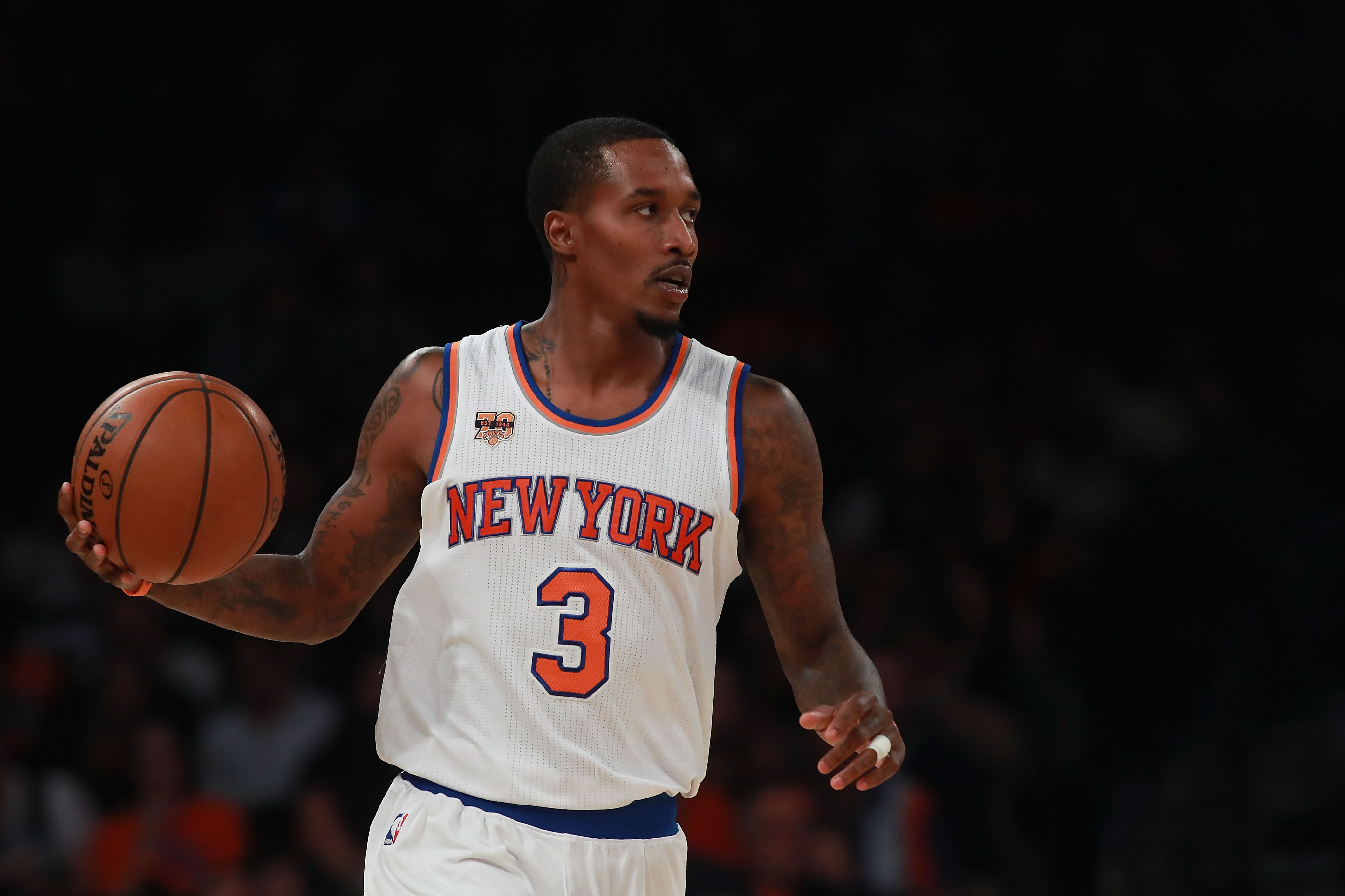 NEW YORK, NY - OCTOBER 15: Brandon Jennings #3 of the New York Knicks in action against the Boston Celtics during the first half of their preseason game at Madison Square Garden on October 15, 2016 in New York City. NOTE TO USER: User expressly acknowledges and agrees that, by downloading and or using this photograph, User is consenting to the terms and conditions of the Getty Images License Agreement.   Michael Reaves/Getty Images/AFP