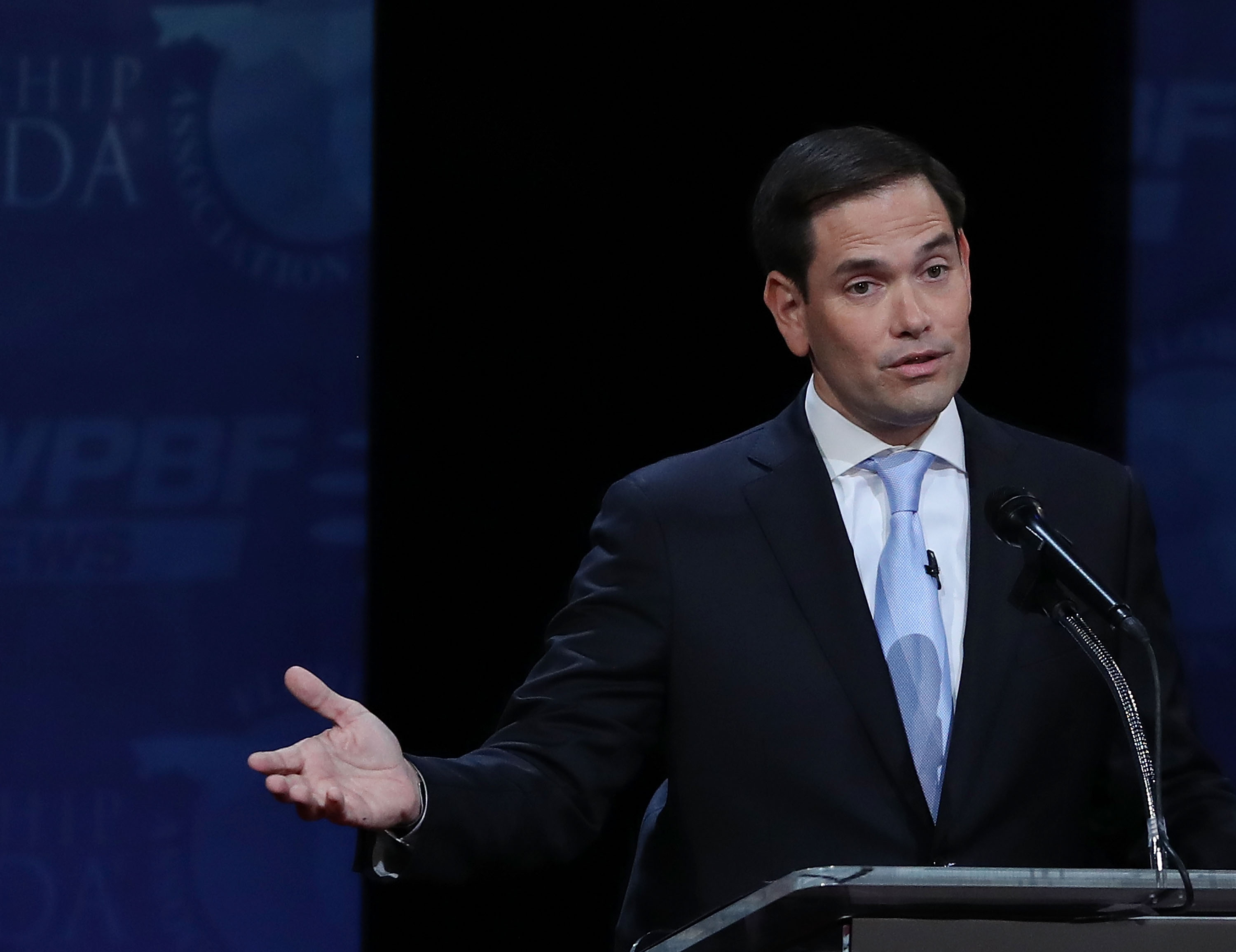 DAVIE, FL - OCTOBER 26: Republican Sen. Marco Rubio (R-FL) speaks as he debates his challenger Rep. Patrick Murphy (D-FL) during the U.S. Senate debate being held at Broward College on October 26, 2016 in Davie, Florida. With less than two weeks to go until Election Day, the candidates prepare to face off for one of FloridaÕs U.S. Senate seats for the second Ð and possibly final Ð time before November 8th.   Joe Raedle/Getty Images/AFP