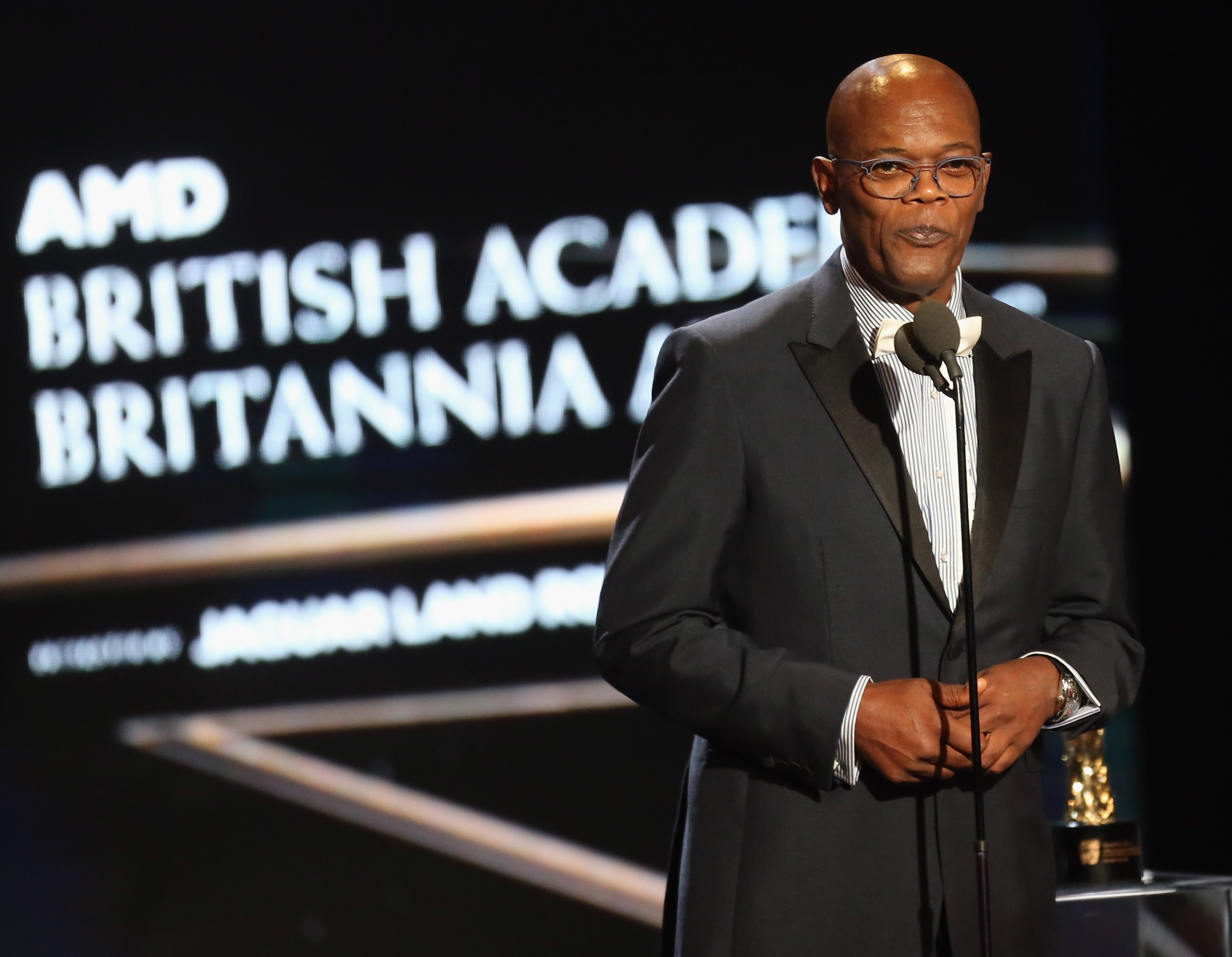 BEVERLY HILLS, CA - OCTOBER 28: Honoree Samuel L. Jackson accepts the Albert R. Broccoli Britannia Award for Worldwide Contribution to Entertainment onstage during the 2016 AMD British Academy Britannia Awards presented by Jaguar Land Rover and American Airlines at The Beverly Hilton Hotel on October 28, 2016 in Beverly Hills, California.   Frederick M. Brown/Getty Images/AFP