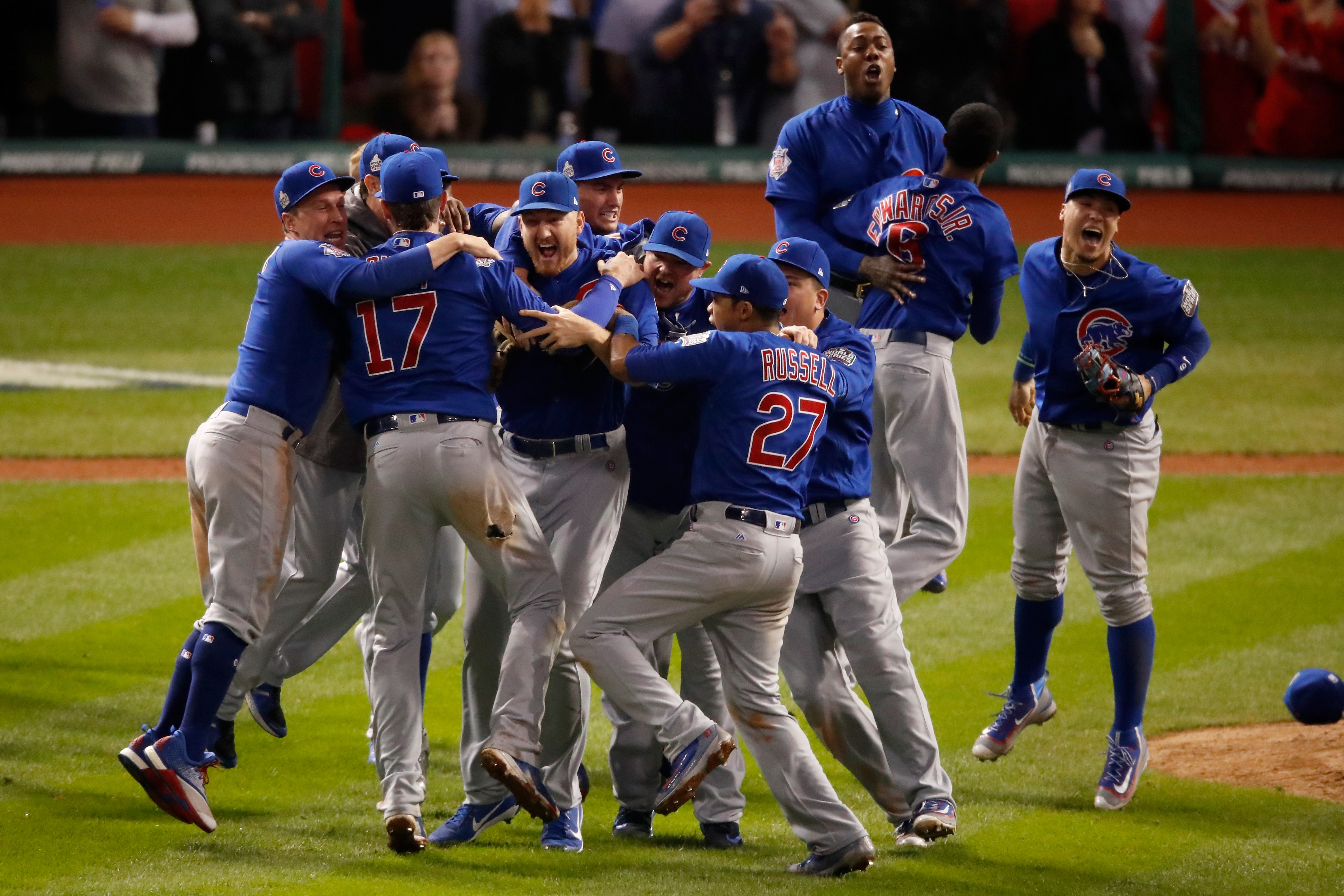 CLEVELAND, OH - NOVEMBER 02: The Chicago Cubs celebrate after defeating the Cleveland Indians 8-7 in Game Seven of the 2016 World Series at Progressive Field on November 2, 2016 in Cleveland, Ohio. The Cubs win their first World Series in 108 years.   Gregory Shamus/Getty Images/AFP