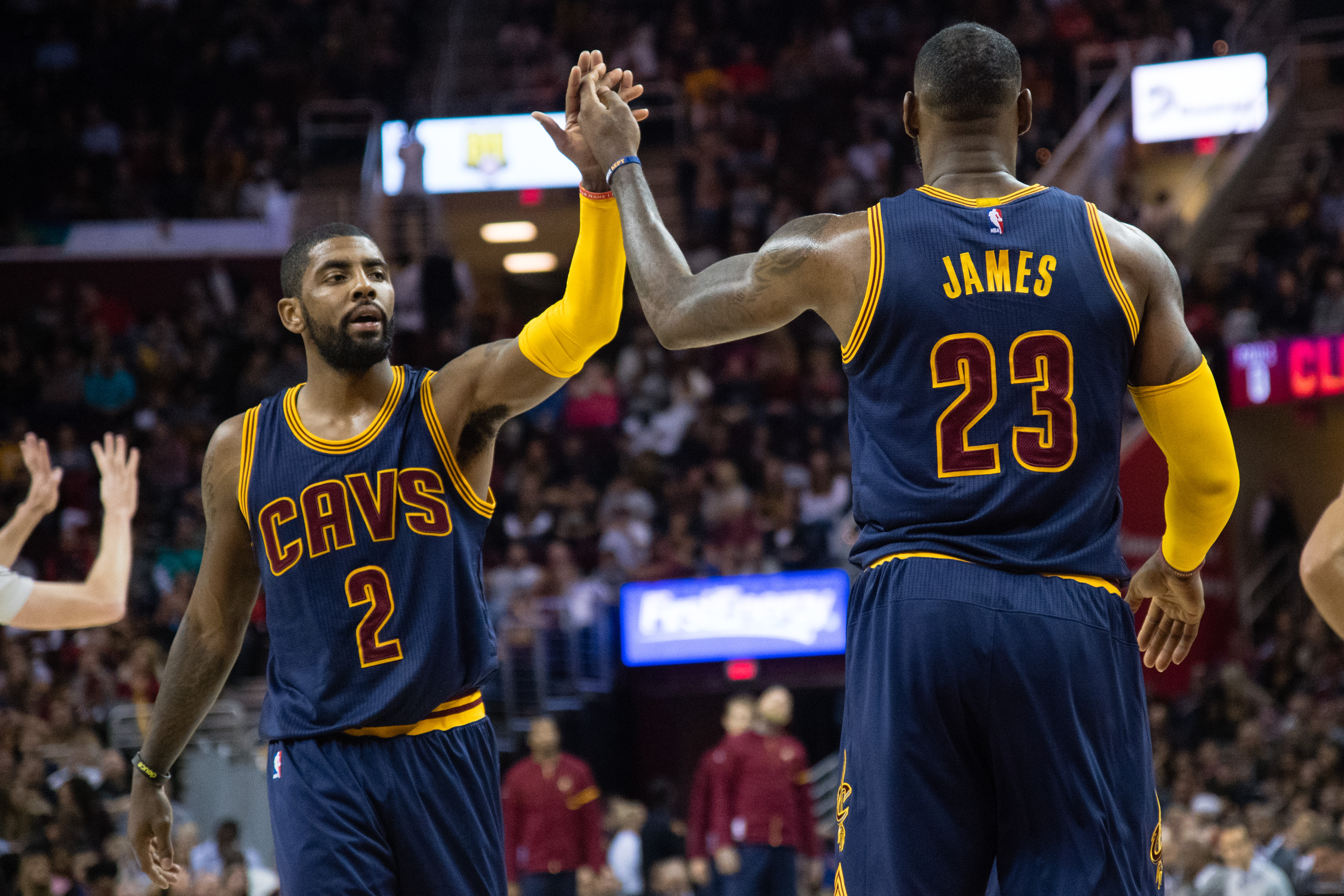 CLEVELAND, OH - NOVEMBER 03: Kyrie Irving #2 and LeBron James #23 of the Cleveland Cavaliers celebrate after scoring during the first half against the Boston Celtics at Quicken Loans Arena on November 3, 2016 in Cleveland, Ohio. NOTE TO USER: User expressly acknowledges and agrees that, by downloading and/or using this photograph, user is consenting to the terms and conditions of the Getty Images License Agreement. Mandatory copyright notice.   Jason Miller/Getty Images/AFP