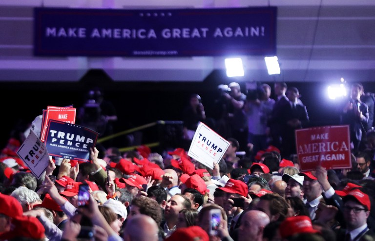 NEW YORK, NY - NOVEMBER 09: Supporters of Republican presidential nominee Donald Trump gather during the election night event at the New York Hilton Midtown on November 8, 2016 in New York City. Americans today will choose between Republican presidential nominee Donald Trump and Democratic presidential nominee Hillary Clinton as they go to the polls to vote for the next president of the United States. Spencer Platt/Getty Images/AFP