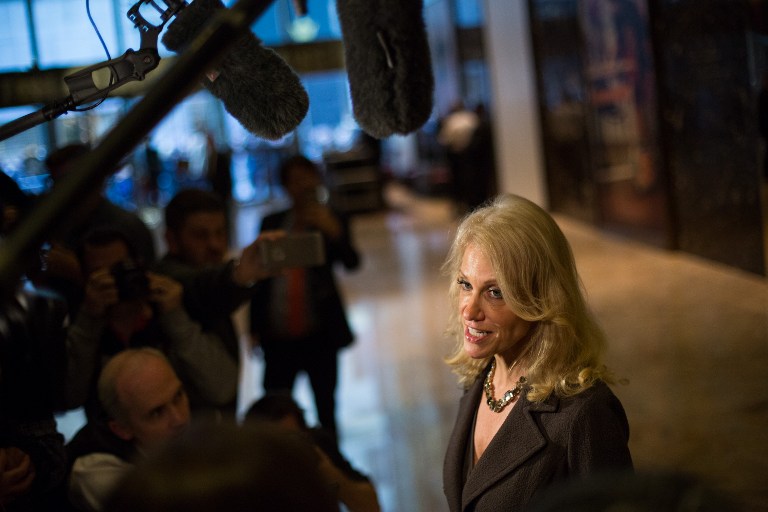 NEW YORK, NY - NOVEMBER 16: senior advisor to President-elect Donald Trump, Kellyanne Conway takes press questions at Trump Tower on November 16, 2016 in New York City. . Trump is working on his his presidential cabinet as he transitions from a candidate to the president elect. Kevin Hagen/Getty Images/AFP