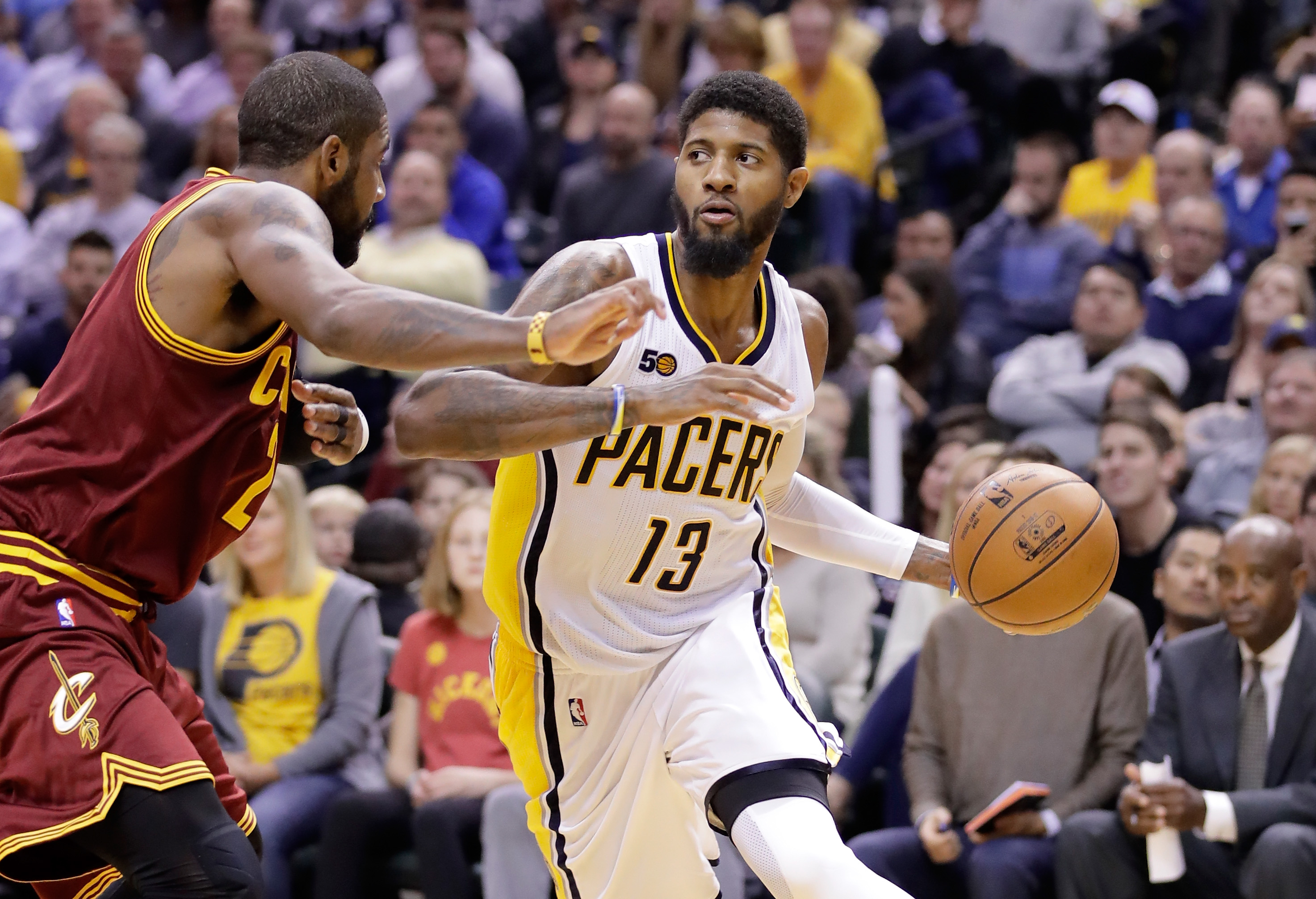 INDIANAPOLIS, IN - NOVEMBER 16: Paul George #13 of the Indiana Pacers dribbles the ball during the game against the Cleveland Cavaliers at Bankers Life Fieldhouse on November 16, 2016 in Indianapolis, Indiana. NOTE TO USER: User expressly acknowledges and agrees that, by downloading and or using this photograph, User is consenting to the terms and conditions of the Getty Images License Agreement   Andy Lyons/Getty Images/AFP