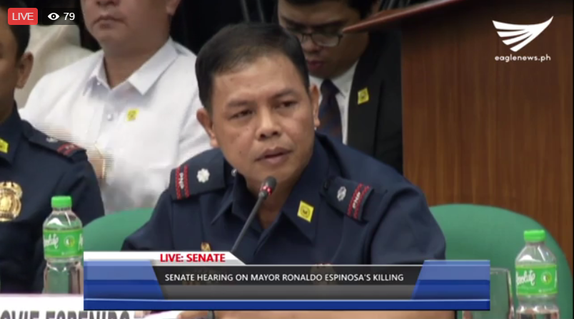 Albuera police's Chief Inspector Jovie Espenido tells the Senate hearing that Senator Leila de Lima was indeed on top of the list of personalities connected to suspected drug lord Kerwin Espinosa, based on the AUgust 24, 2016 affidavit of slain mayor Rolando Espinosa. (Eagle News Service) 