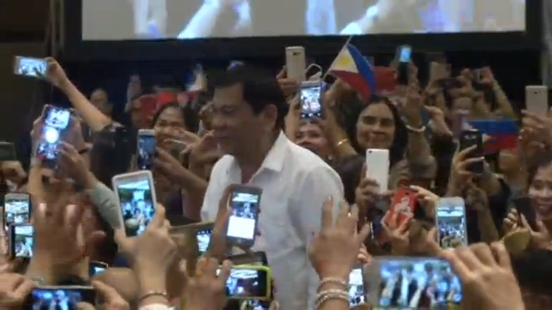 Philippine President Rodrigo Duterte congratulates U.S. Presidential candidate Donald Trump on his election victory and jokes about their fondness of cursing. (Photo grabbed from Reuters video)