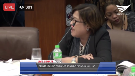 Senator Leila de Lima questions Albuera police head, Chief Inspector Jovie Espenido who affirmed that the senator was on top of Mayor Rolando Espinosa's list of personalities with drug links to his son, Kerwin. (Eagle News Service)