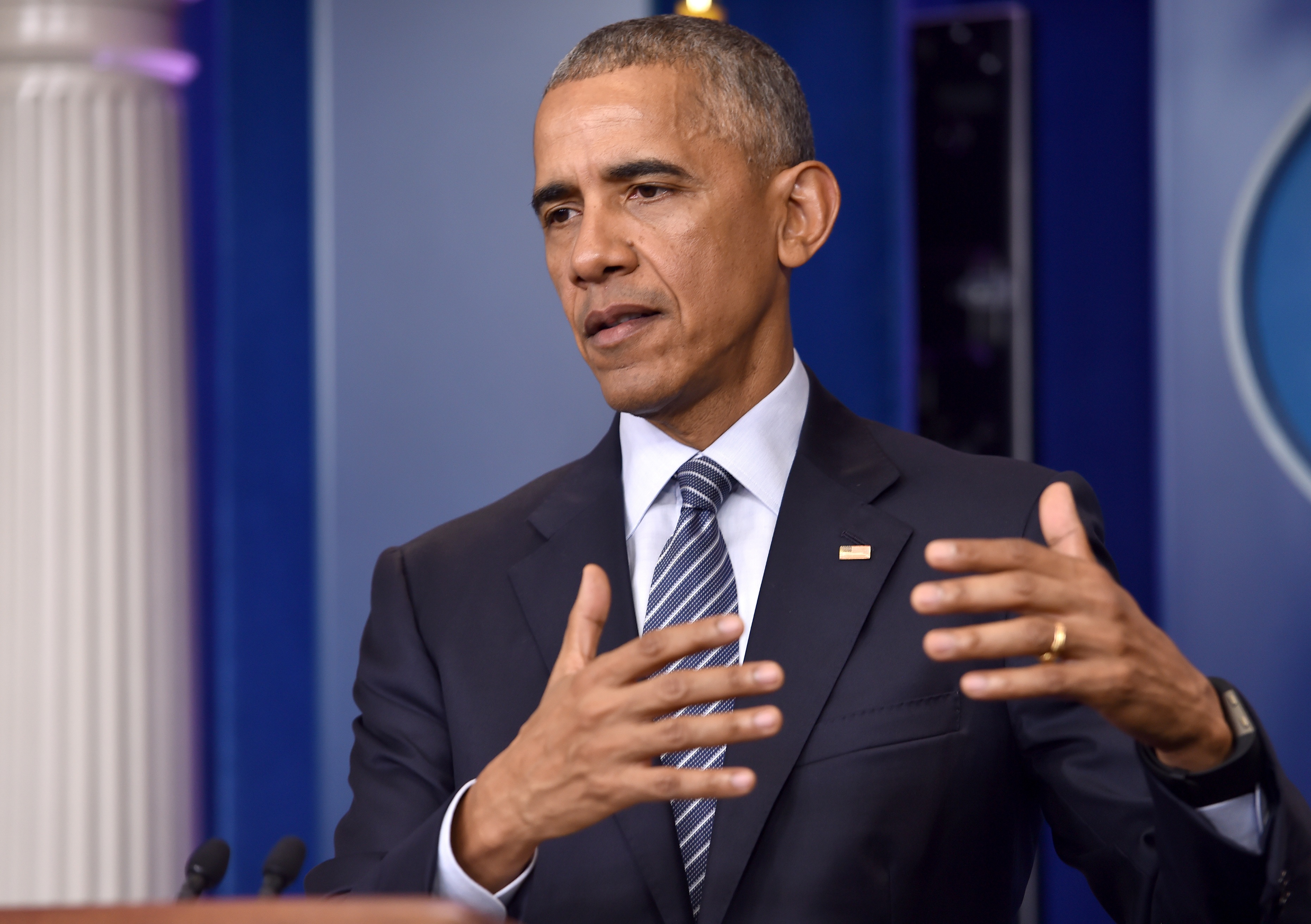 US President Barack Obama speaks during a press conference, on November 14, 2016 at the White House in Washington, DC. US President Barack Obama admitted Monday that he still has concerns about Donald Trump but was comforted that his successor appears pragmatic rather than ideological. / AFP PHOTO / Nicholas Kamm