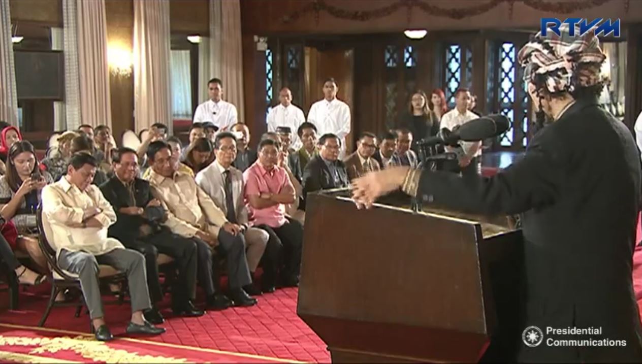 President Duterte sat at the front row of the audience while he listened to Misuari's speech. (Photo grabbed from RTVM video)