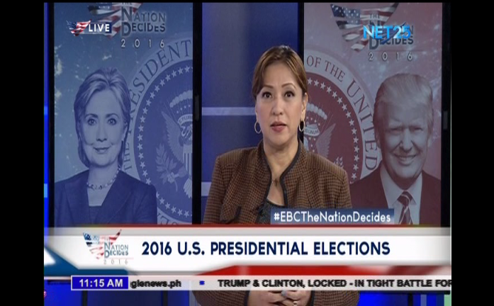 Anchor Ellaine Fuentes at the EBC main studio in Quezon City during the EBC's special coverage of the US elections, "The Nation Decides."