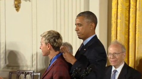 U.S. President Barack Obama presents his final Presidential Medal of Freedom, the Nation's highest civilian honor, to Kareem Abdul-Jabbar, Ellen DeGeneres, Robert De Niro, Bill and Melinda Gates, architect Frank Gehry, Tom Hanks, Michael Jordan, Robert Redford, Diana Ross, and Bruce Springsteen among others. (Photo grabbed from Reuters video)