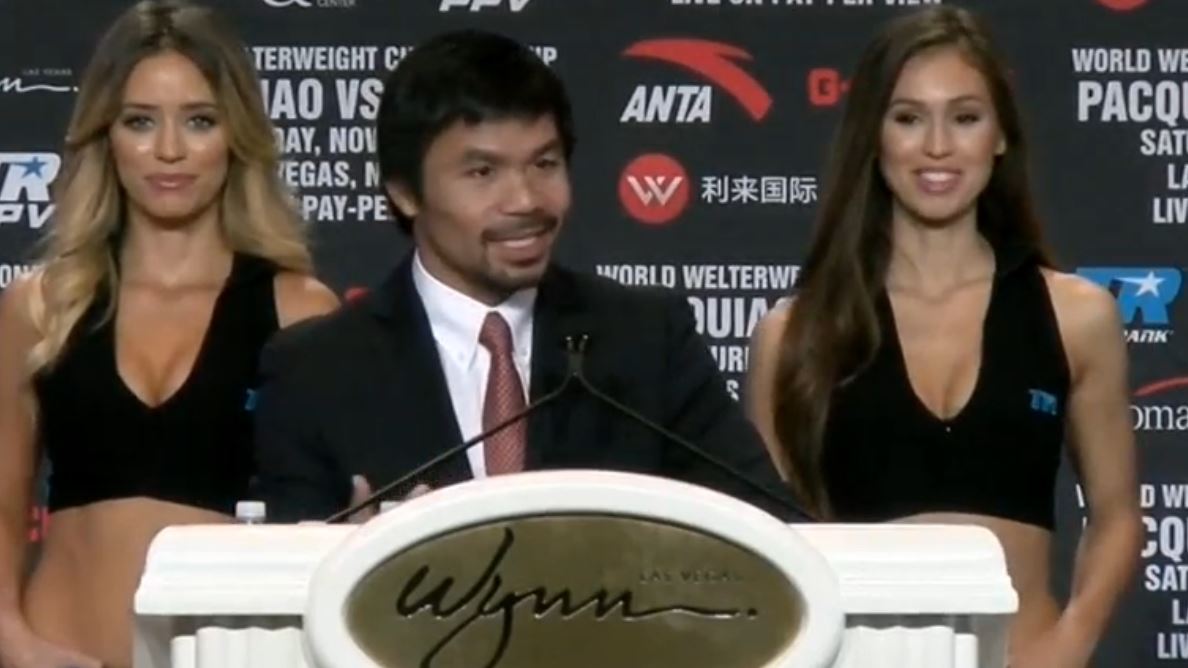 Senator Manny Pacquiao advises against mixing politics with boxing in a press conference ahead of his welterweight title fight with Jessie Vargas.  (Photo grabbed from Reuters video)