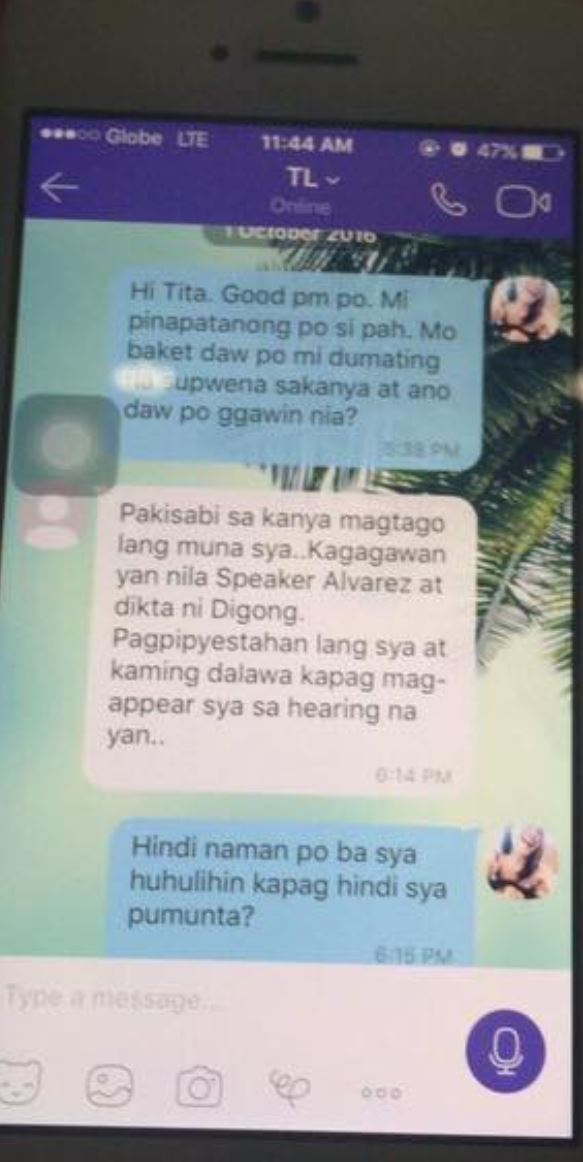 A shot of the cellphone of Hannah May Dayan where the text messages allegedly of Senator Leila De Lima can be seen. (Eagle News Service) 
