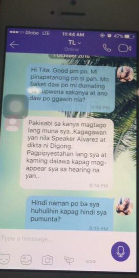 A shot of the cellphone of Hannah May Dayan where the text messages allegedly of Senator Leila De Lima can be seen. (Eagle News Service)