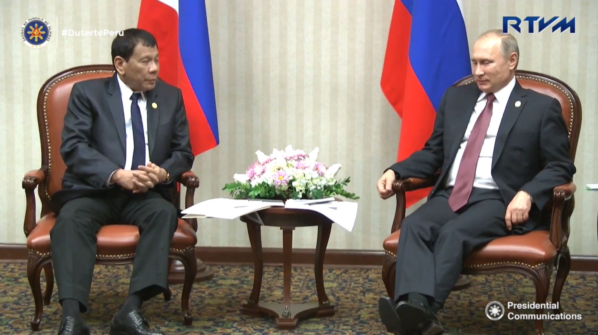 Philippine President Rodrigo Duterte and President Vladimir Putin of the Russian Federation holds a bilateral meeting at the Swissôtel Lima in Lima, Peru. (Photo grabbed from RTVM video)