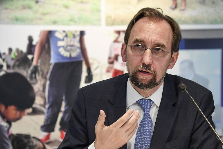 United Nations High Commissioner for Human Rights Zeid Ra'ad Al Hussein speaks during a press conference in Bogota on September 29, 2016, at the end of his six-day official visit. / AFP PHOTO / Luis Acosta