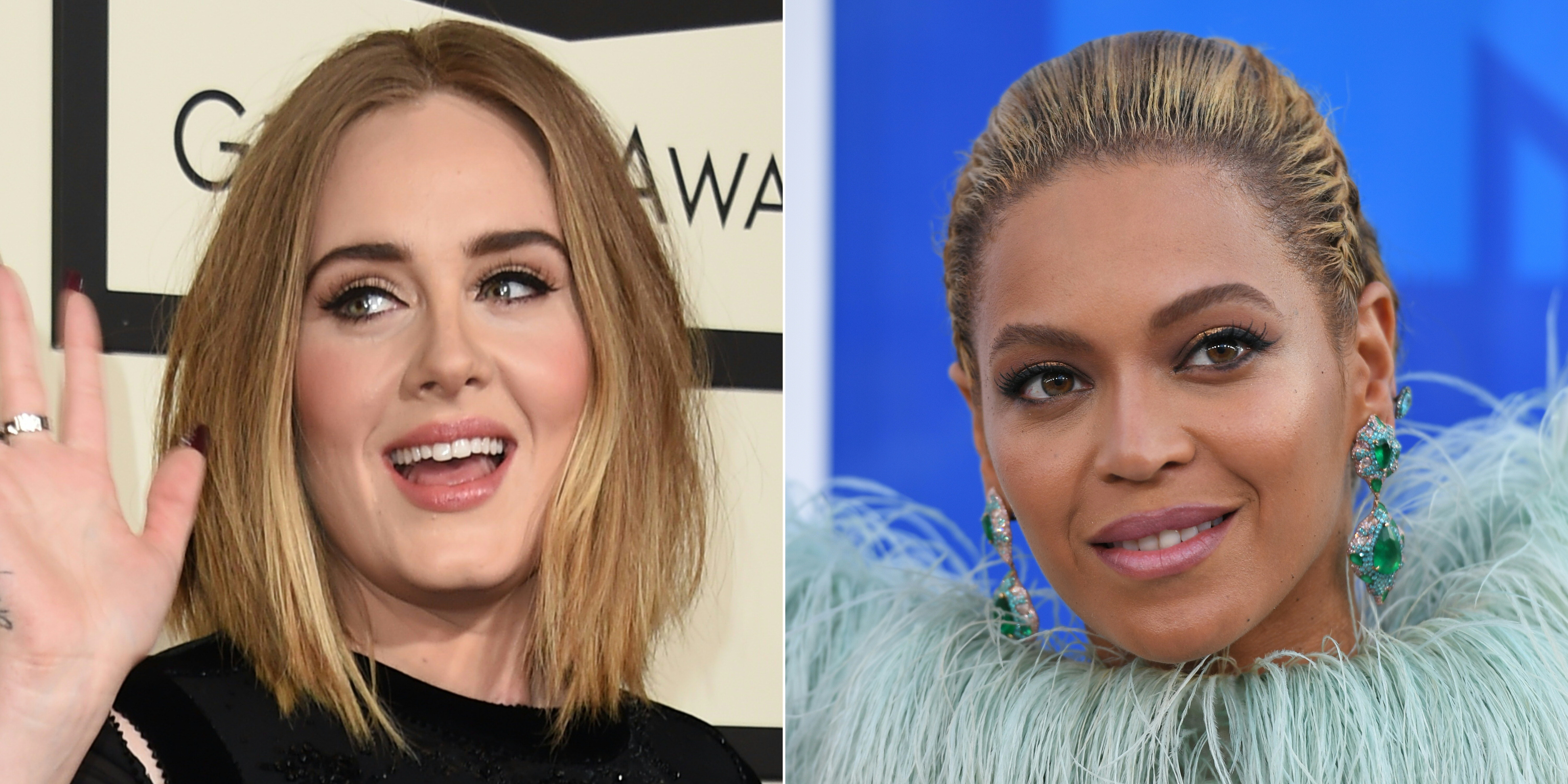 (COMBO) This combination of pictures created on December 06, 2016 shows recent images of British Singer Adele (L) and US singer Beyonce.  Adele and Beyonce each won nominations December 6, 2016 in three of the four top Grammy categories, setting the stage for a battle between the two singers to dominate music's biggest awards. / AFP PHOTO / VALERIE MACON AND Angela Weiss