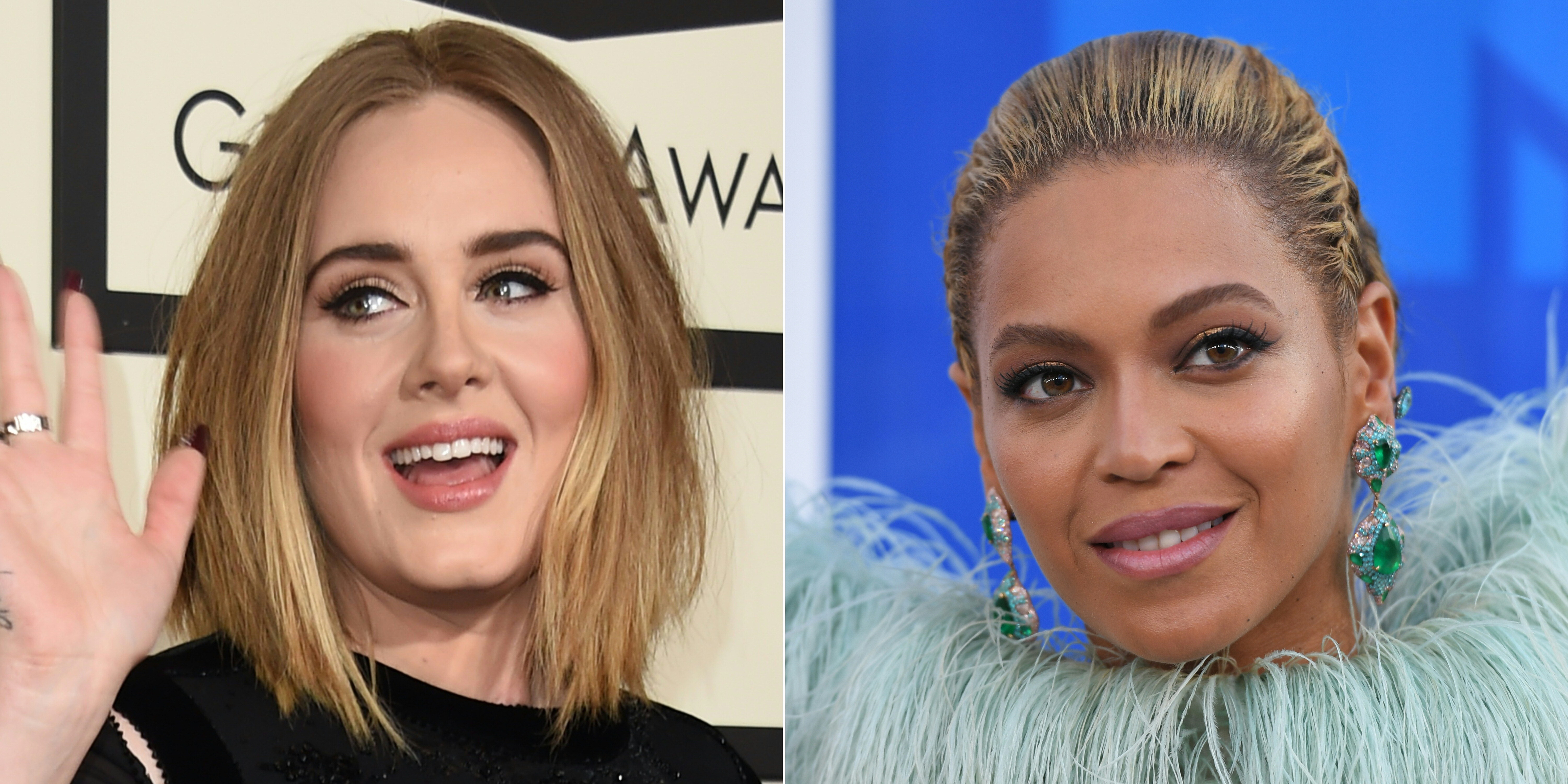 (COMBO) This combination of pictures created on December 06, 2016 shows recent images of British Singer Adele (L) and US singer Beyonce. Adele and Beyonce each won nominations December 6, 2016 in three of the four top Grammy categories, setting the stage for a battle between the two singers to dominate music's biggest awards. / AFP PHOTO / VALERIE MACON AND Angela Weiss