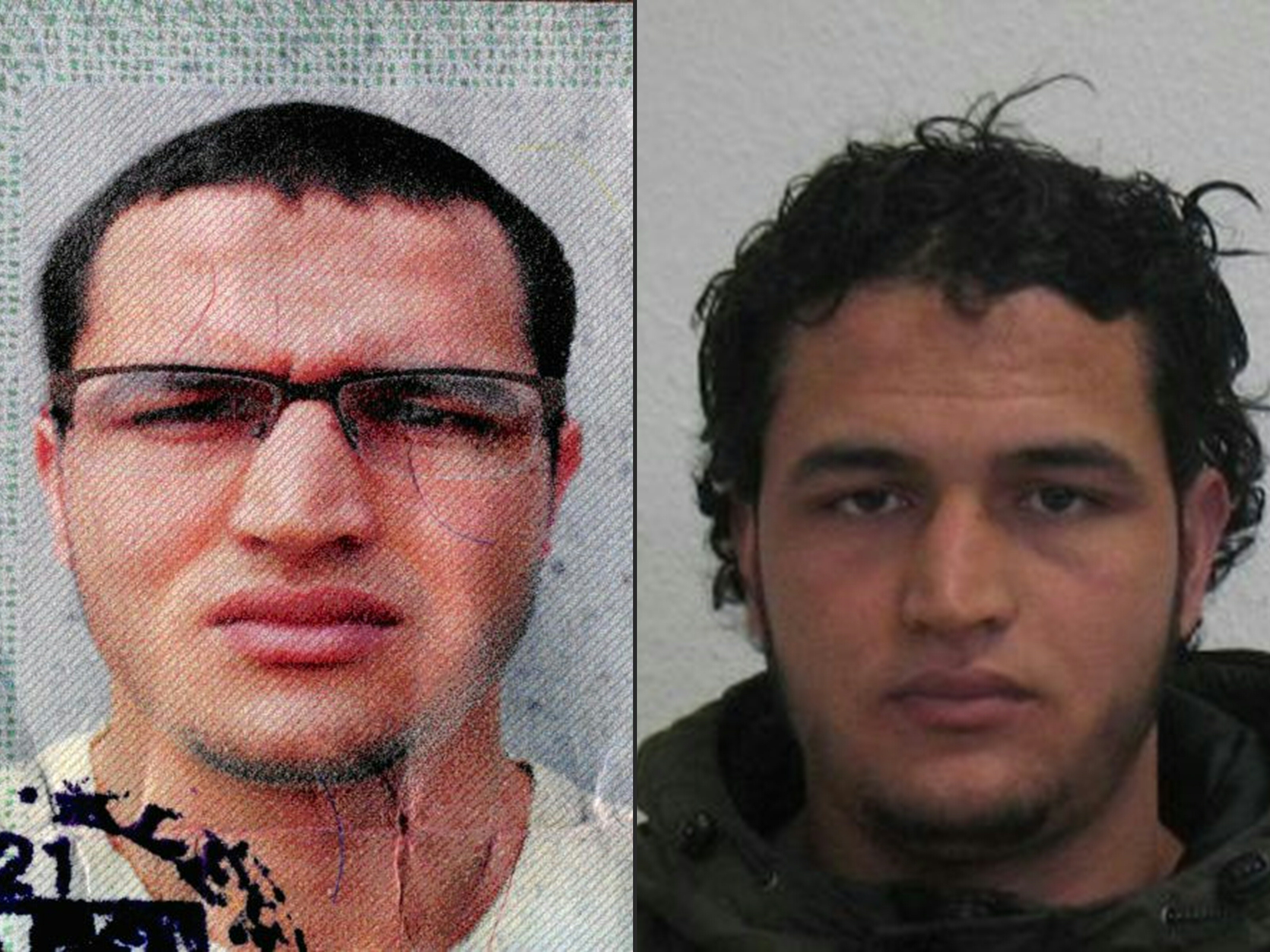 (COMBO) This combination of pictures created on December 21, 2016 shows a handout portrait released by German Federal Police Office (BKA) on December 21, 2016 showing two pictures of Tunisian man identified as Anis Amri, suspected of being involved in the Berlin Christmas market attack, that killed 12 people on December 19. German police on December 21, 2016 launched a manhunt and requested an European arrest warrant for Anis Amri, a rejected asylum seeker suspected of involvement in a deadly truck assault on a Berlin Christmas market claimed by the Islamic State jihadist group. German police on December 21, 2016 launched a manhunt and requested an European arrest warrant for Anis Amri, a rejected asylum seeker suspected of involvement in a deadly truck assault on a Berlin Christmas market claimed by the Islamic State jihadist group. / AFP PHOTO / BKA / HO / RESTRICTED TO EDITORIAL USE - MANDATORY CREDIT "AFP PHOTO / BKA / HANDOUT" - NO MARKETING NO ADVERTISING CAMPAIGNS - DISTRIBUTED AS A SERVICE TO CLIENTS