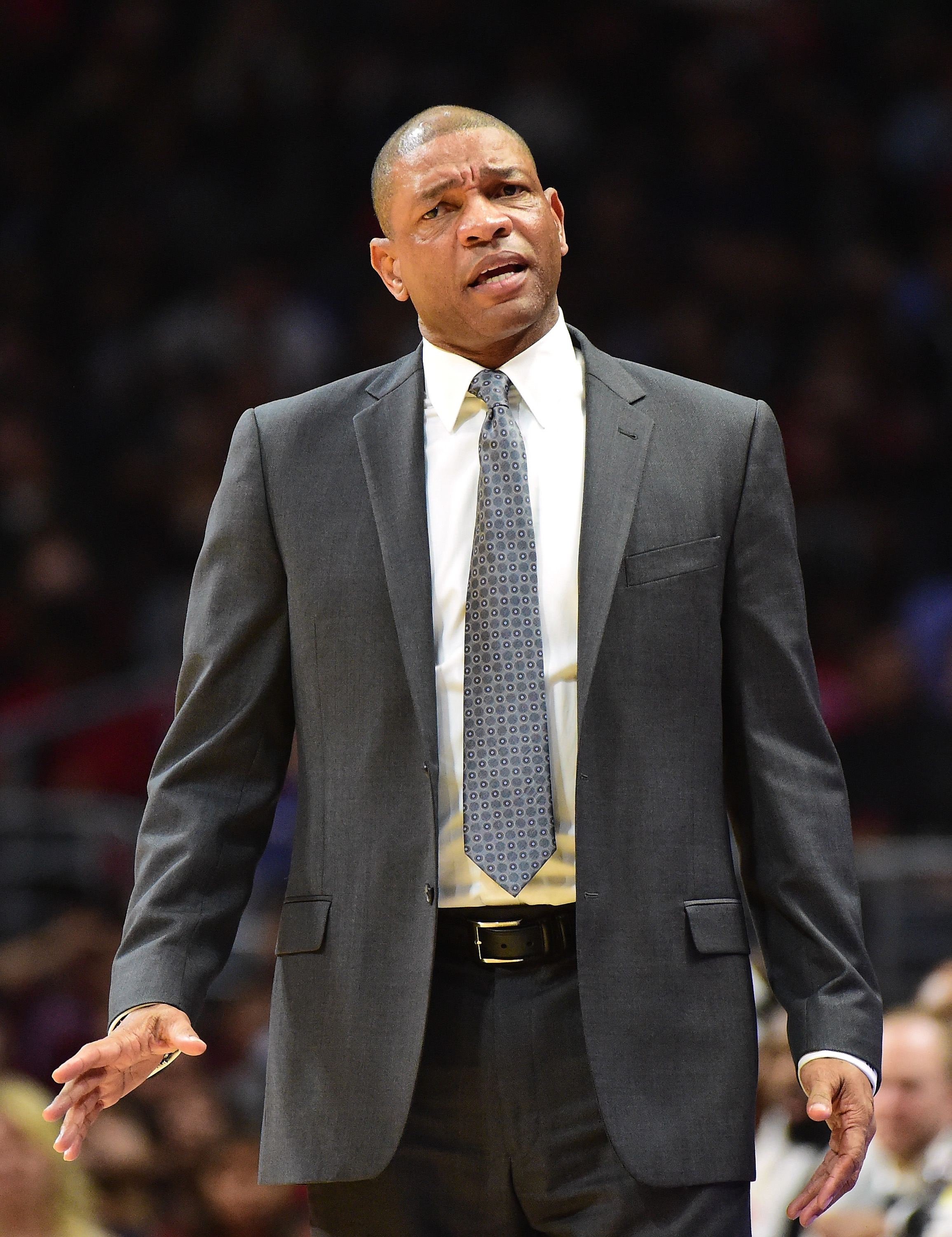 LOS ANGELES, CA - DECEMBER 21: Doc Rivers of the Los Angeles Clippers reacts to a Clipper foul during a 100-99 loss to the Oklahoma City Thunder at Staples Center on December 21, 2015 in Los Angeles, California. NOTE TO USER: User expressly acknowledges and agrees that, by downloading and or using this Photograph, user is consenting to the terms and condition of the Getty Images License Agreement.   Harry How/Getty Images/AFP