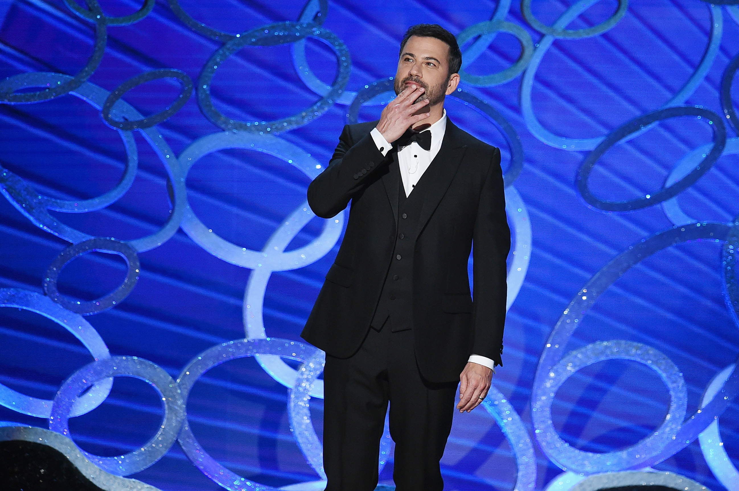 FILE PHOTO: LOS ANGELES, CA - SEPTEMBER 18: Host Jimmy Kimmel speaks onstage during the 68th Annual Primetime Emmy Awards at Microsoft Theater on September 18, 2016 in Los Angeles, California. Kevin Winter/Getty Images/AFP