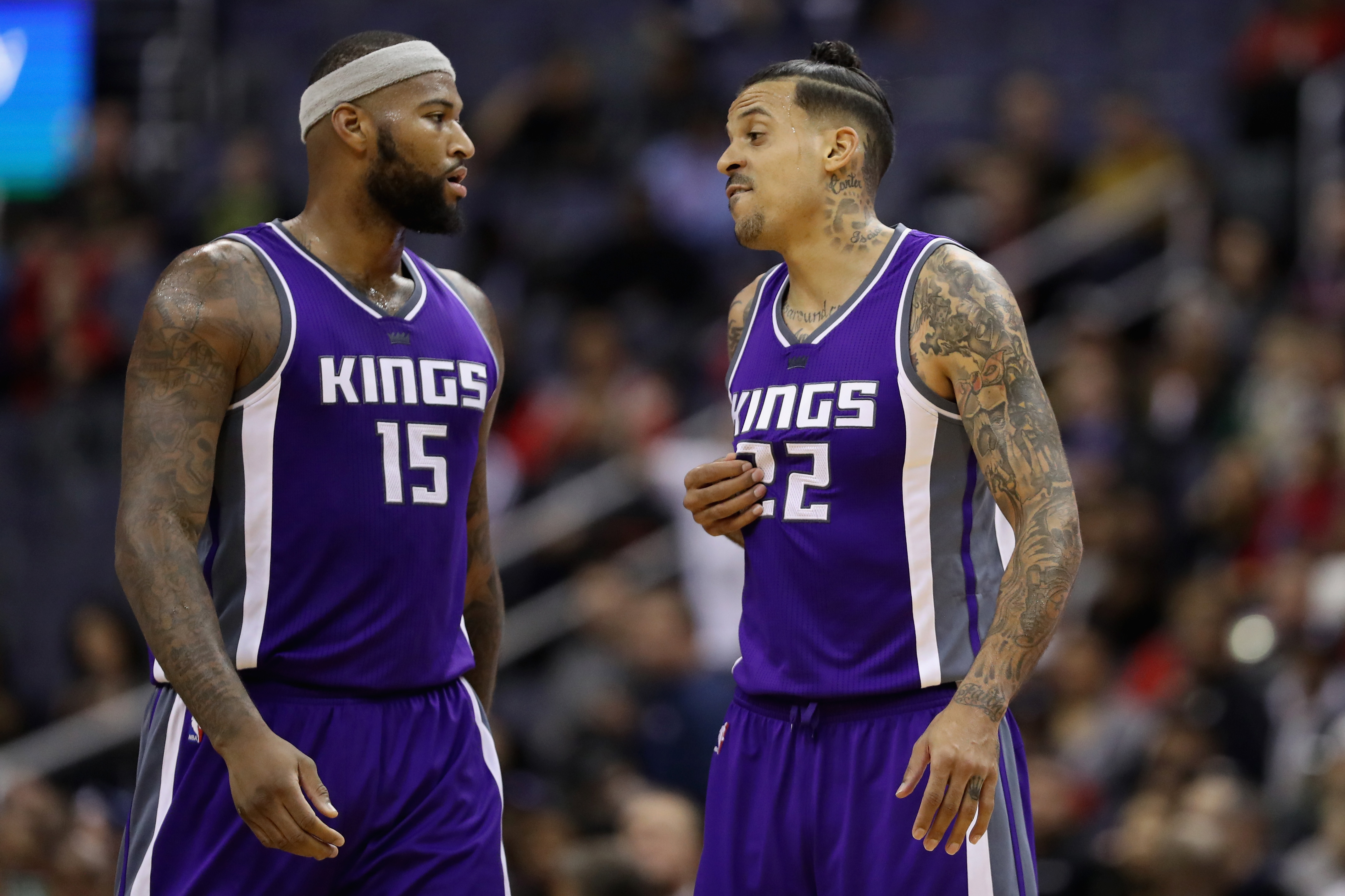WASHINGTON, DC - NOVEMBER 28: DeMarcus Cousins #15 and Matt Barnes #22 of the Sacramento Kings talk on the floor against the Washington Wizards at Verizon Center on November 28, 2016 in Washington, DC. NOTE TO USER: User expressly acknowledges and agrees that, by downloading and or using this photograph, User is consenting to the terms and conditions of the Getty Images License Agreement.   Rob Carr/Getty Images/AFP