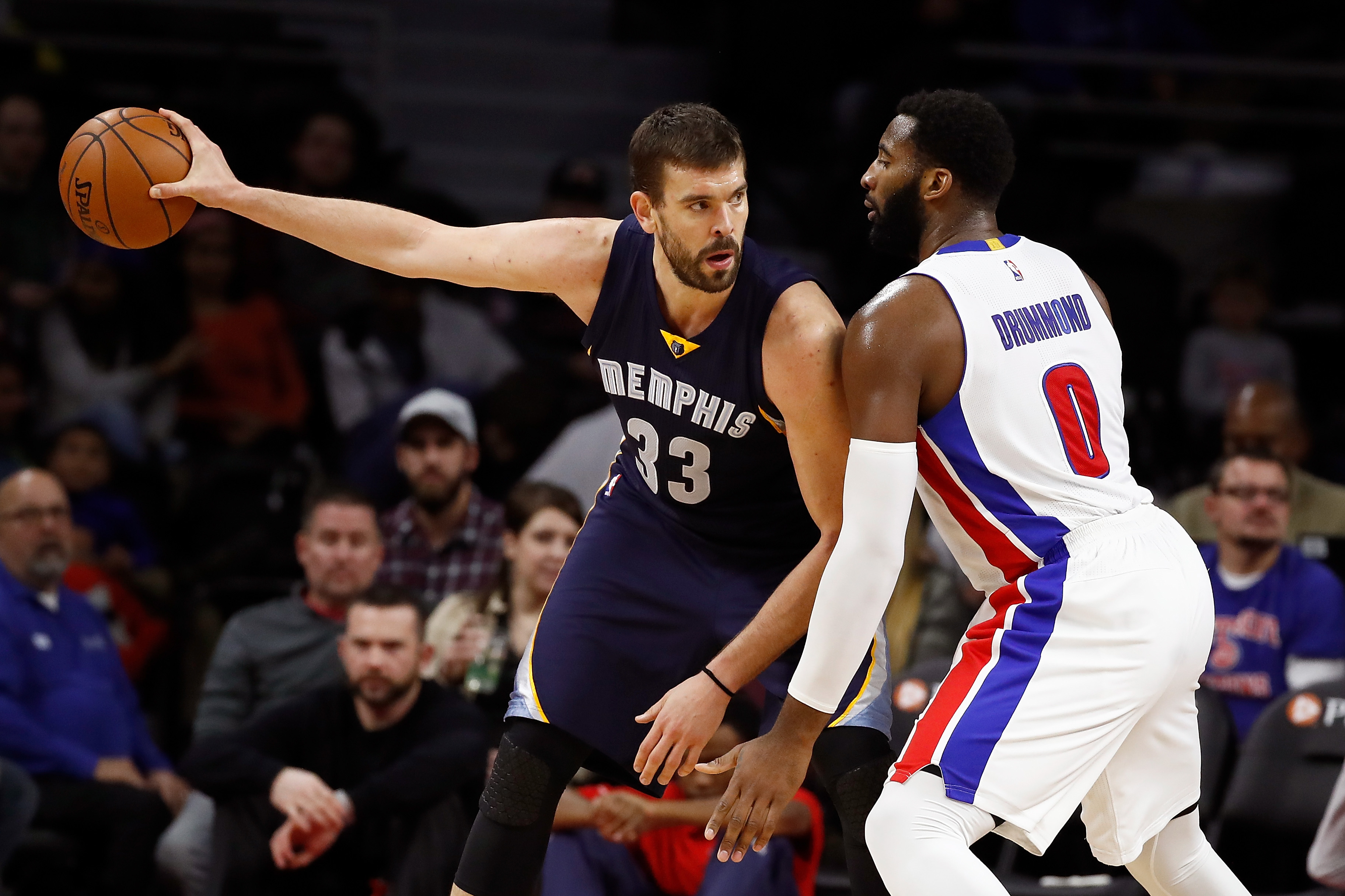 AUBURN HILLS, MI - DECEMBER 21: Marc Gasol #33 of the Memphis Grizzlies looks to make a move against Andre Drummond #0 of the Detroit Pistons during the second half at the Palace of Auburn Hills on December 21, 2016 in Auburn Hills, Michigan. Memphis won the game 98.86. NOTE TO USER: User expressly acknowledges and agrees that, by downloading and or using this photograph, User is consenting to the terms and conditions of the Getty Images License Agreement.   Gregory Shamus/Getty Images/AFP