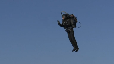 Billed as "the world's first true jetpack," JetPack Aviation shows off its JB-10 jet turbine-powered backpack, capable of vertical takeoff and landing. (Photo courtesy of Reuters video file)