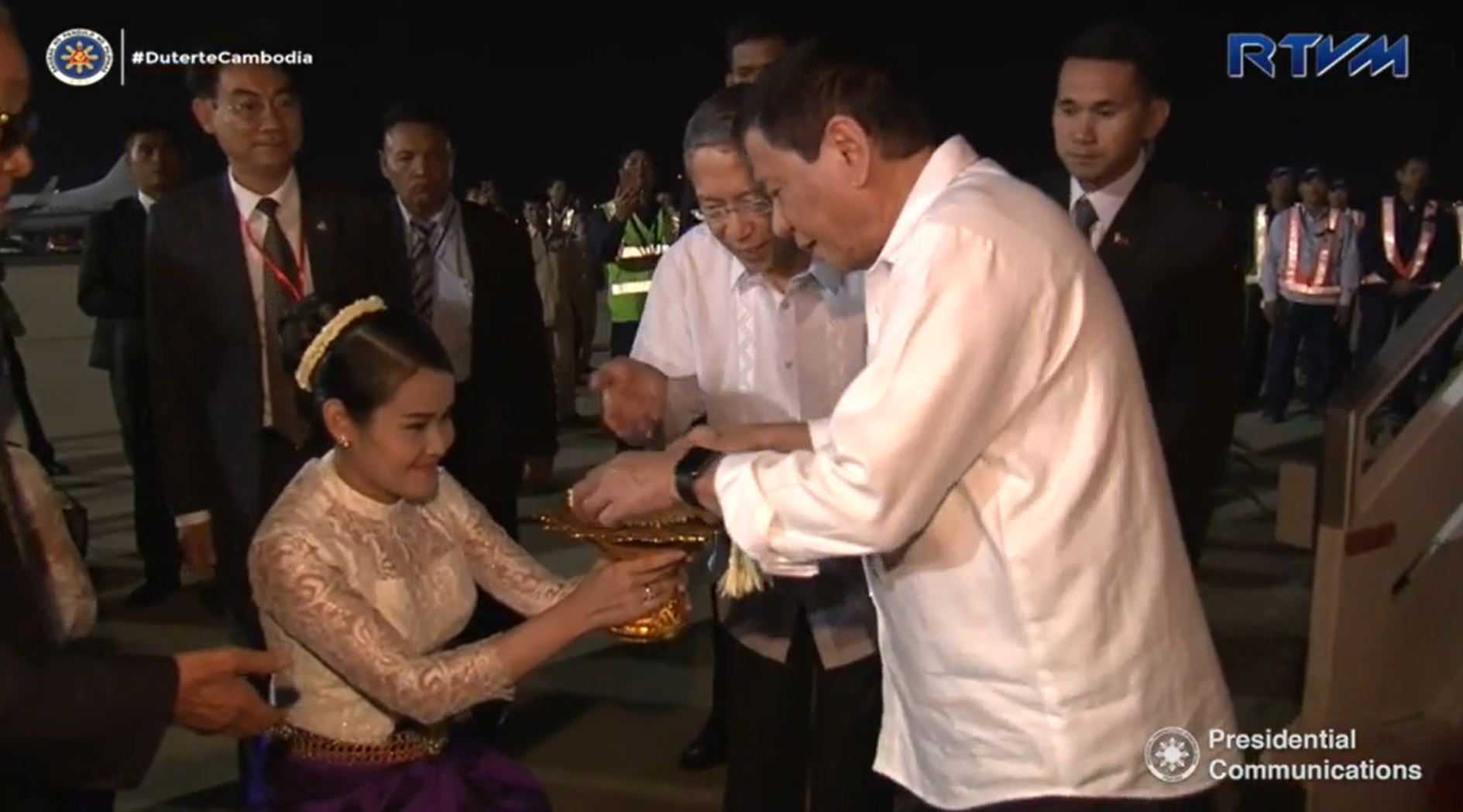 President Duterte receives a garland upon his arrival at an airport in Pnomh Penh in Cambodia on Tuesday, December 13, 2016.   President Duterte arrived in Phnom Penh International Airport via Philippine Airlines chartered flight PR001 for his State Visit to the Kingdom of Cambodia.