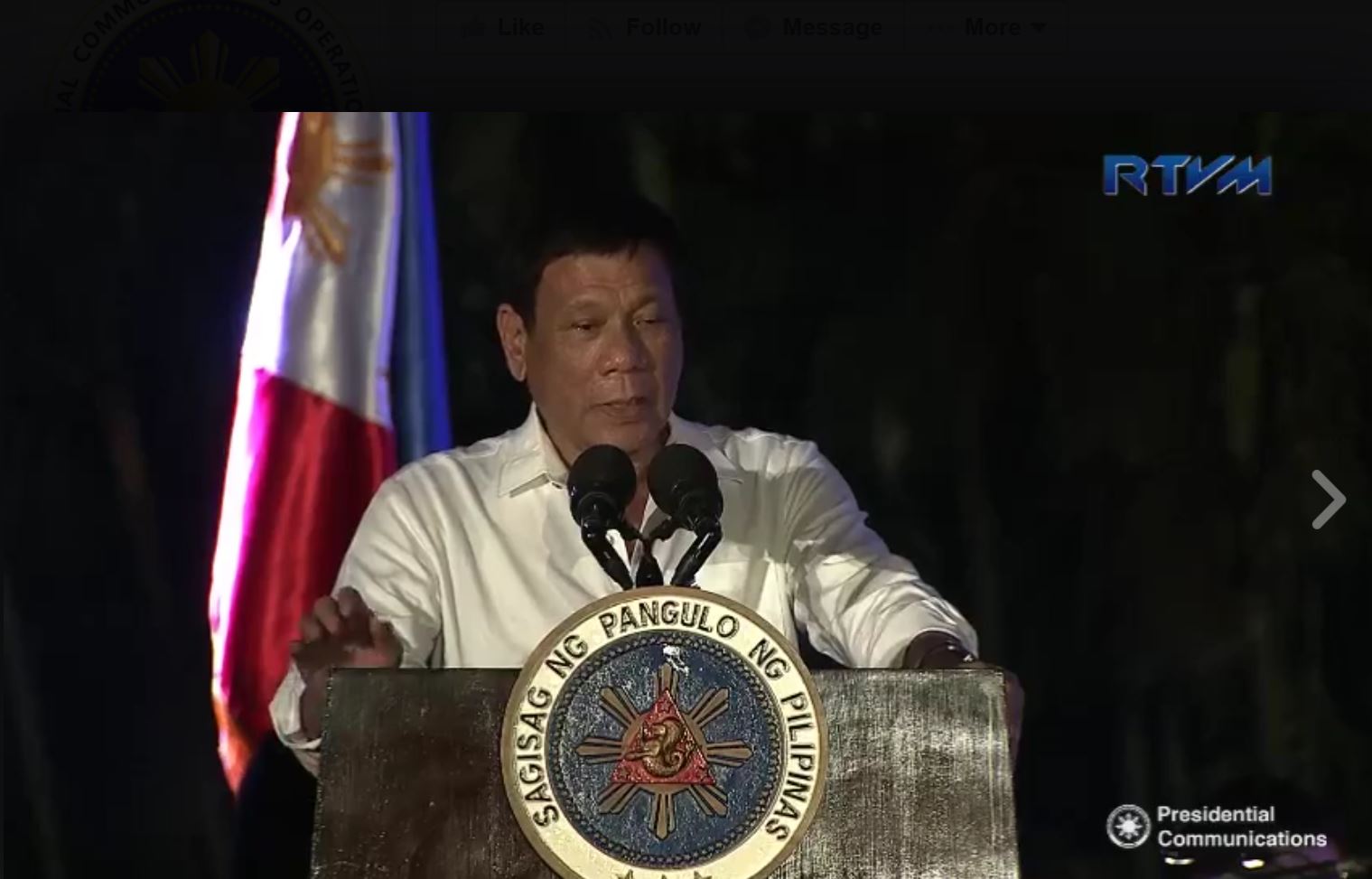 President Duterte speaking at the Palace grounds in a ceremony Monday night (December 5) (Photo grabbed from RTVM video)