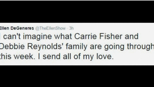 Celebrities react to the death of Debbie Reynolds, a leading lady in Hollywood musicals and comedies in the 1950s and 1960s, including "Singin' in the Rain," who died on Wednesday at the age of 84, just one day after the death of her daughter, actress Carrie Fisher.(photo grabbed from Reuters video)