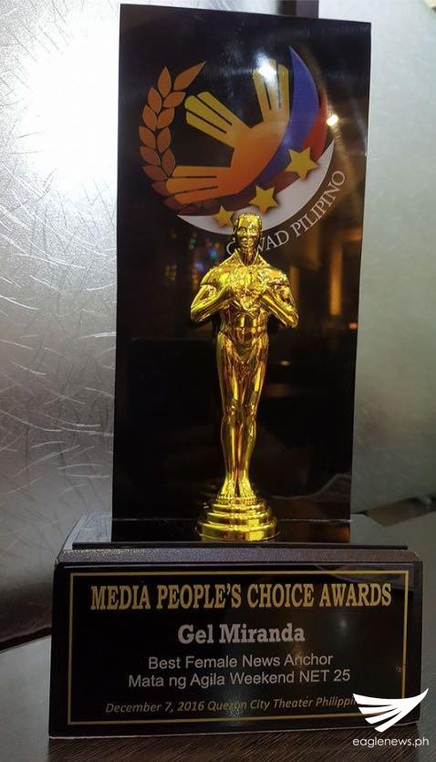 The Best Female News Anchor award from Gawad Pilipino Media People's Choice Awards (Eagle News Service)
