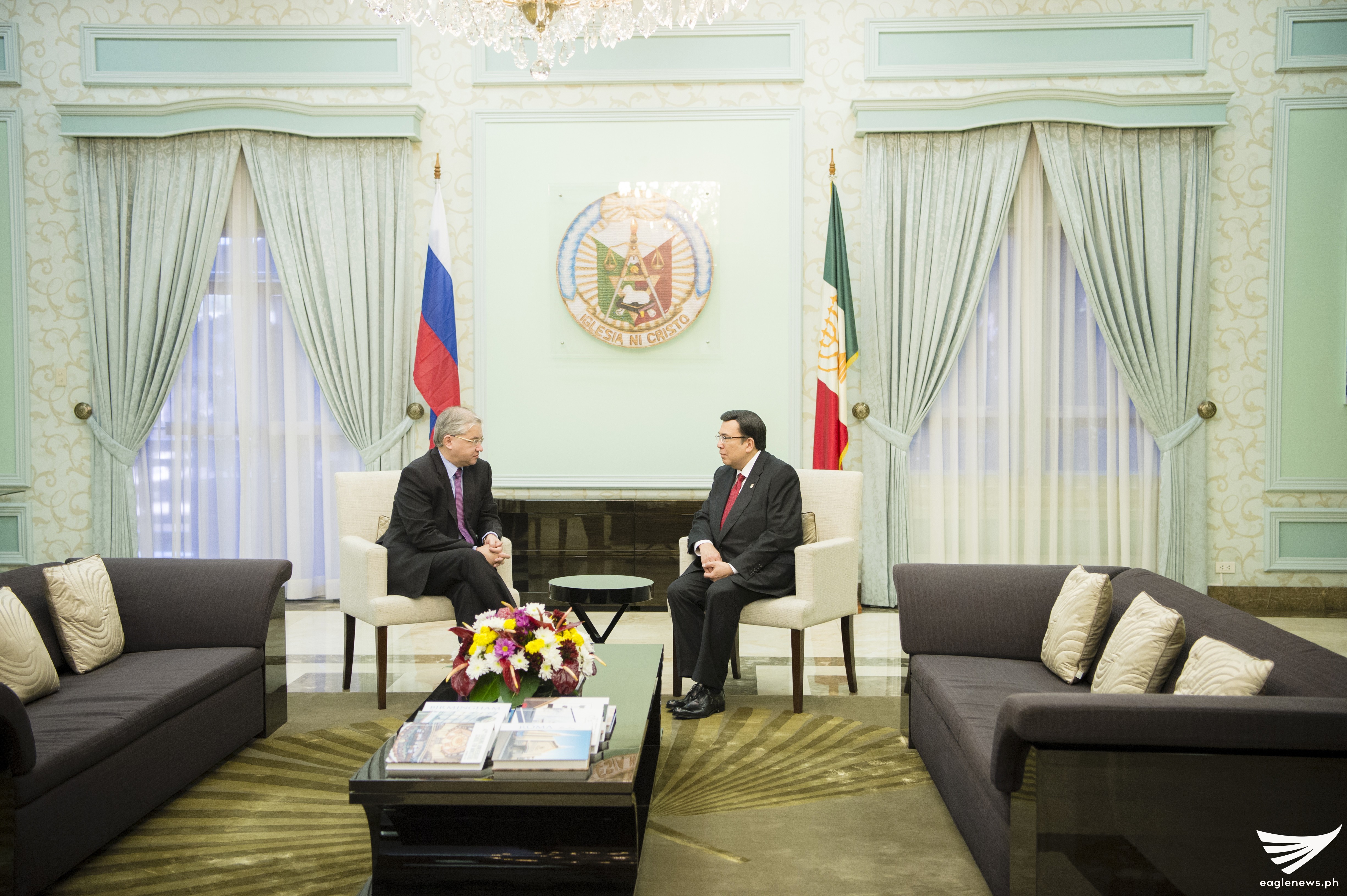 Russian Federation Ambassador to the Philippines His Excellency Igor Anatolyevich Khovaev talks to INC Executive Minister Brother Eduardo V. Manalo during his visit to the INC Central Office in Quezon City Philippines on Tuesday, December 20, 2016. (Eagle News Service)