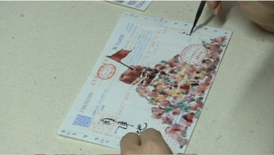 A Beijing-based artist's latest endeavour features water colour paintings done entirely on receipts to reflect how the printed piece of papers have become a record of people's life in China. (Photo courtesy of Reuters video file)
