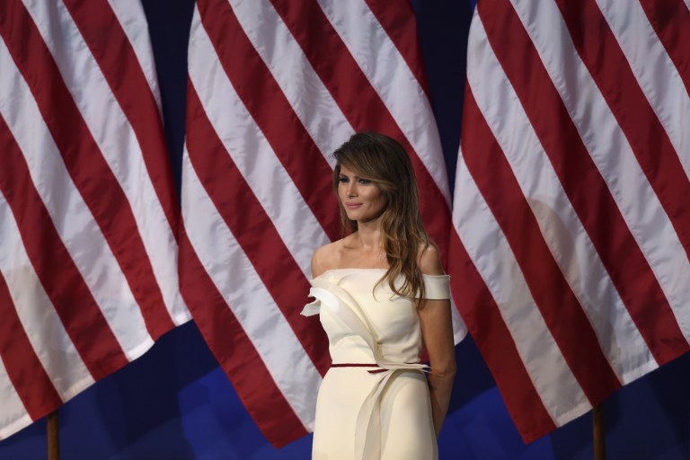 First Lady Melania Trump is seen the Salute to Our Armed Services Inaugural Ball at the National Building Museum in Washington, DC, January 20, 2017. / AFP PHOTO / SAUL LOEB