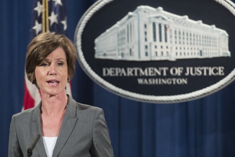 (FILES) This file photo taken on June 28, 2016 shows Deputy Attorney General Sally Yates speaks during a press conference at the Department of Justice in Washington. On January 30, 2017 US President Donald Trump fired the acting attorney general Sally Yates, a holdover from the Obama administration, after she ordered Justice Department attorneys not to defend his controversial immigration orders. / AFP PHOTO / SAUL LOEB