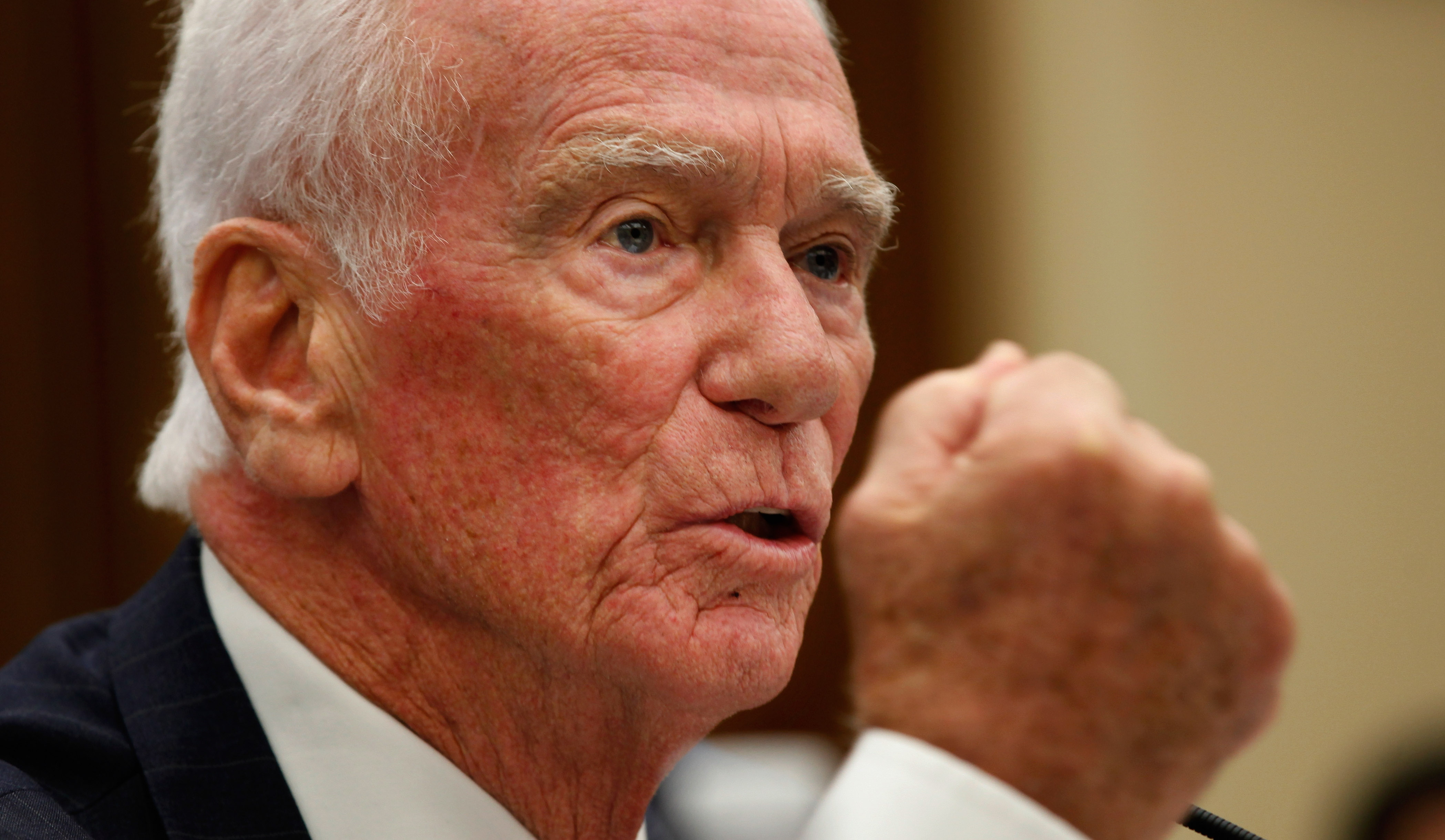 WASHINGTON, DC - SEPTEMBER 22: Astronaut Eugene Cernan, commander of Apollo 17, testifies before the House Science, Space, and Technology Committee about human space flight on Capitol Hill September 22, 2011 in Washington, DC. Last week NASA unveiled their new heavy-lift rocket system that will put humans into space with a command capsule that is already under development. Chip Somodevilla/Getty Images/AFP