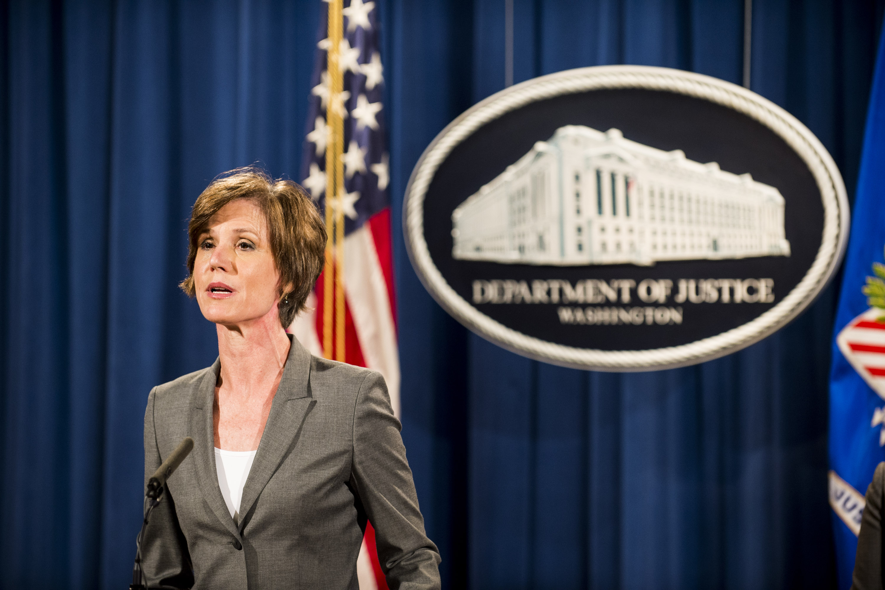 WASHINGTON, DC - JUNE 28: Deputy Attorney General Sally Q. Yates speaks during a press conference at the Department of Justice on June 28, 2016 in Washington, DC. Volkswagen has agreed to nearly $15 billion in a settlement over emissions cheating on its diesel vehicles.   Pete Marovich/Getty Images/AFP