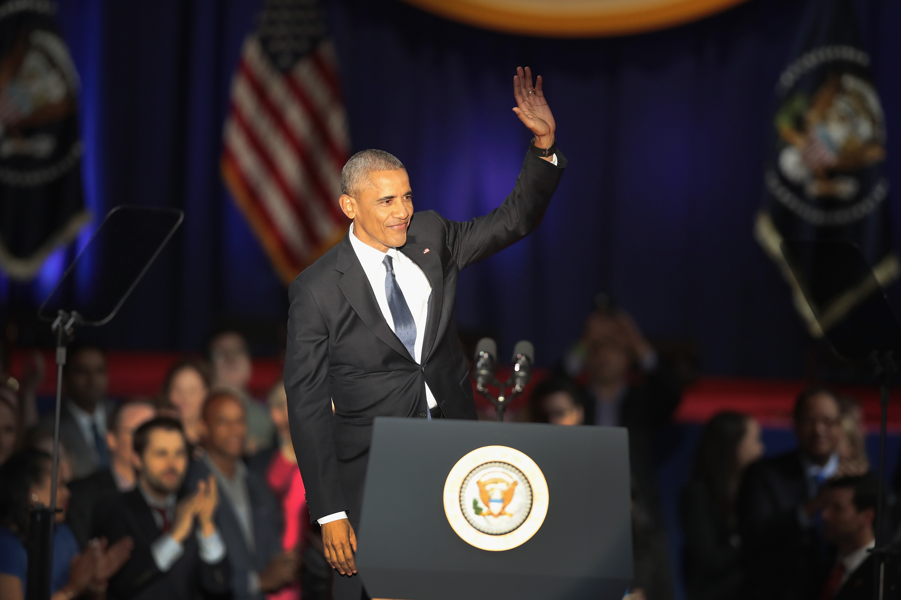 CHICAGO, IL - JANUARY 10: President Barack Obama delivers a farewell speech to the nation on January 10, 2017 in Chicago, Illinois. President-elect Donald Trump will be sworn in the as the 45th president on January 20. Scott Olson/Getty Images/AFP