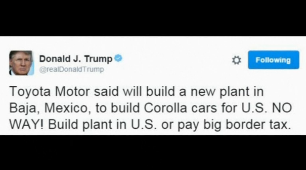 U.S. President-elect Donald Trump targets Toyota, threatening a hefty tax if the automaker builds cars in Mexico destined for sale in the United States.(photo grabbed from Reuters video) 