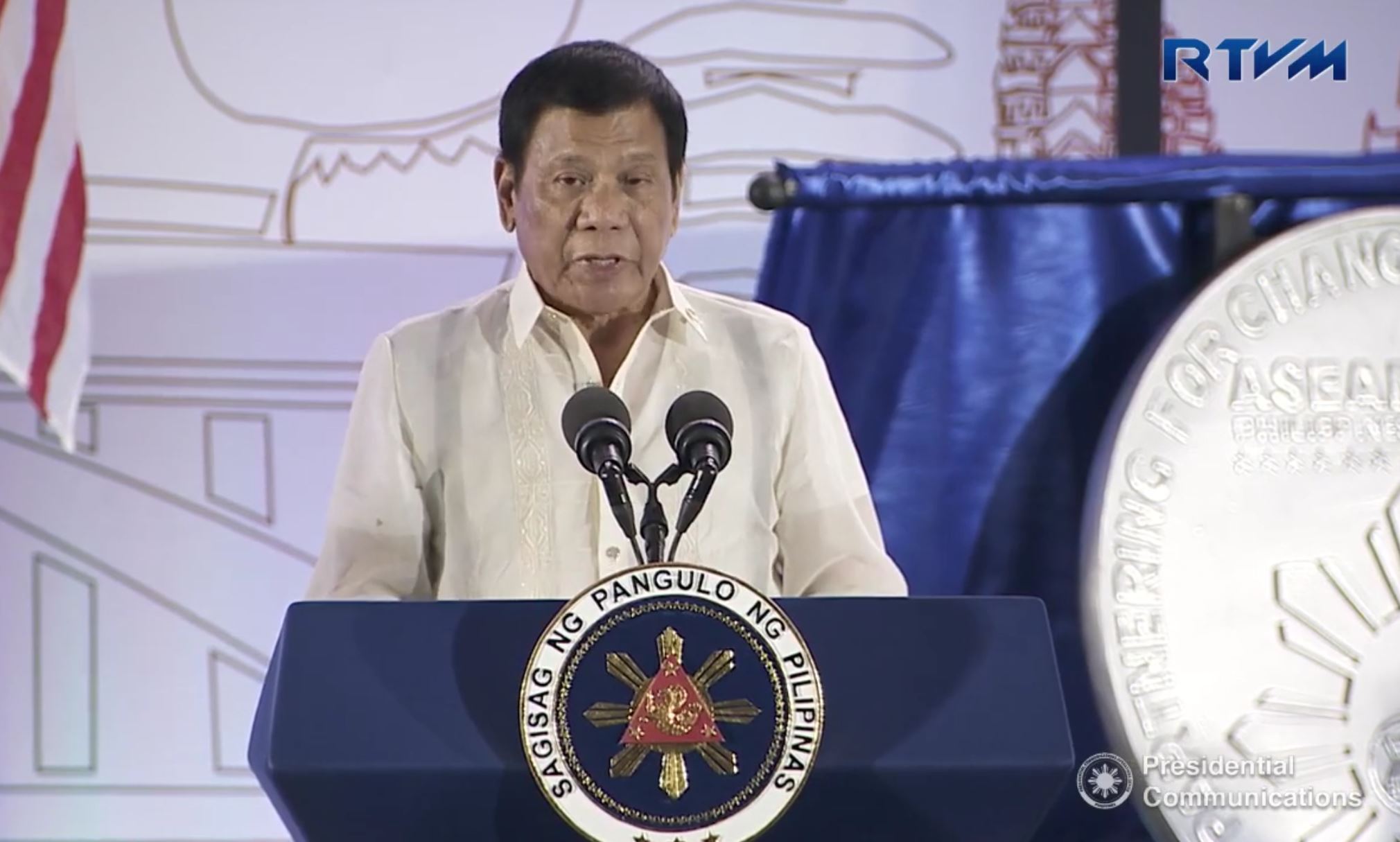 Philippine president Rodrigo Duterte speaking at the launch of the ASEAN chairmanship of the Philippines at the SMX Convention Center in Davao City on January 15. (Photo grabbed from RTVM video)