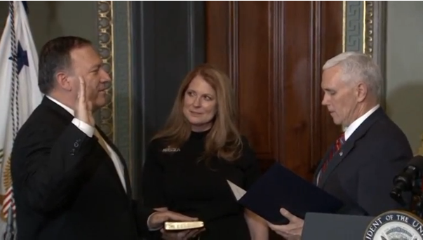 U.S. Vice President Mike Pence swears in new CIA director Mike Pompeo.(photo grabbed from Reuters video)
