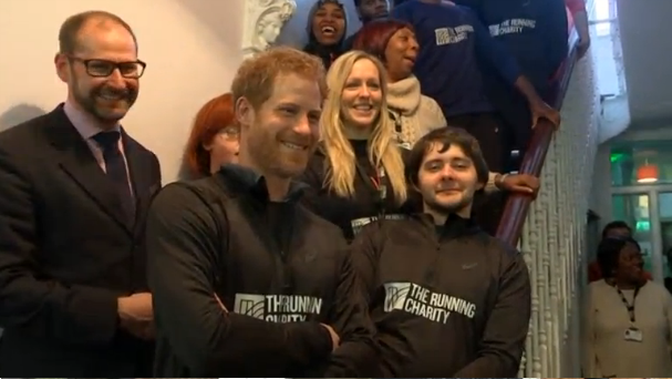 Britain's Prince Harry meets with homeless and vulnerable young people who are beneficiaries of a charity programme that utilizes running as a motivational tool.(photo grabbed from Reuters video)