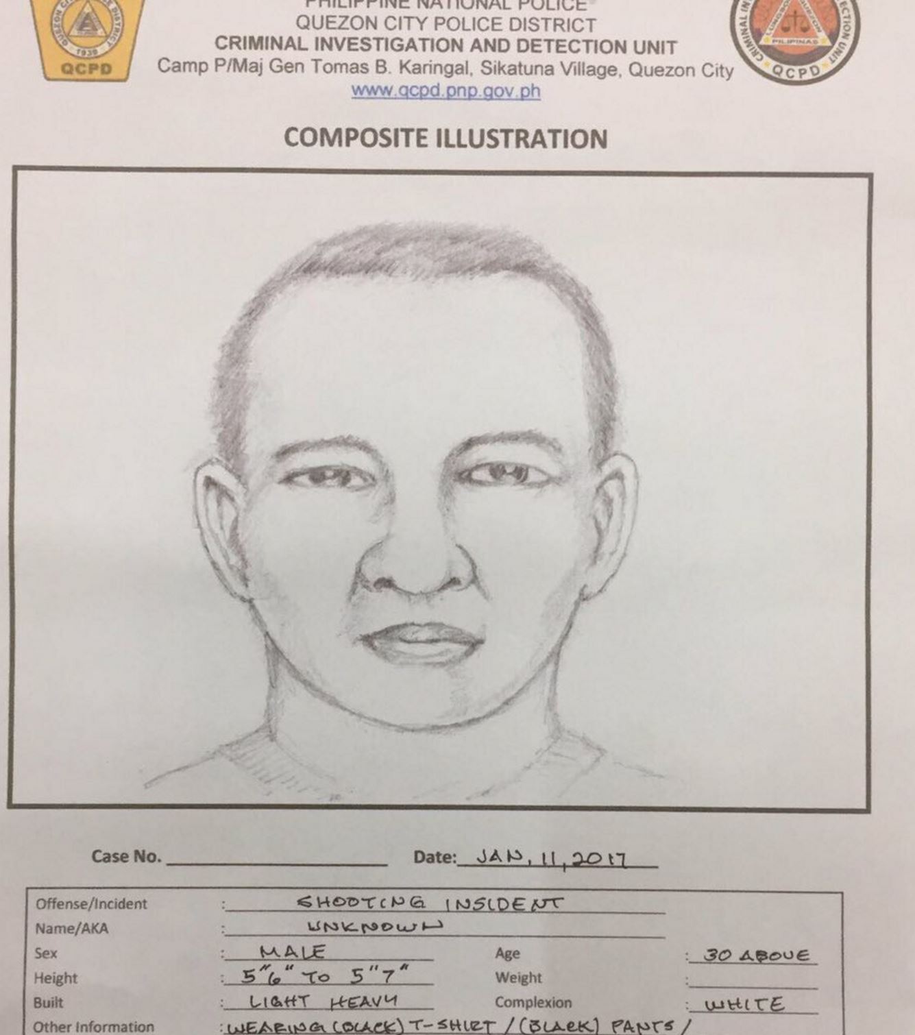 This was the artist's sketch of the suspect in the fatal shooting of Quezon City prosecutor Noel Mingoa.  The killer allegedly shot MIngoa at close range in front of a restaurant along Commonwealth Avenue in Quezon City.  (Eagle News Service)