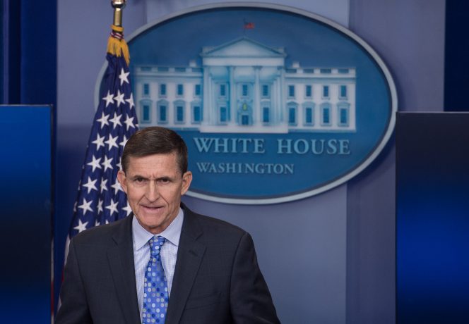 US National Security Adviser Mike Flynn speaks during the daily press briefing at the White House in Washington, DC, on February 1, 2017. Flynn signaled a more hardline American stance on Iran Wednesday, condemning a recent missile test and declaring he was "officially putting Iran on notice." NICHOLAS KAMM / AFP