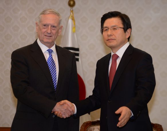 US Defense Secretary James Mattis (L) shakes hands with South Korea's acting President Hwang Kyo-ahn (R) prior to their meeting at the Government Complex in Seoul on February 2, 2017. Mattis arrived in South Korea on February 2 on the first leg of a trip that also includes Japan, two key allies rattled by Donald Trump's isolationist ascent to power. SONG Kyung-Seok / POOL / AFP