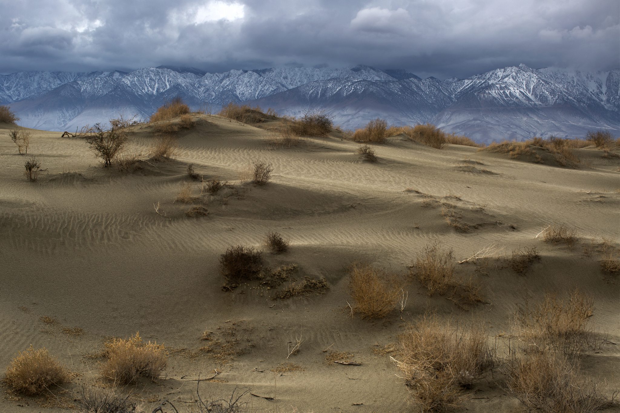 (FILES) This file photo taken on January 08, 2017 shows Desert sand dunes are seen with snowy Eastern Sierra Nevada Mountains in the distance near Lone Pine, California. As the planet warms due to climate change and hot days become more common, the US electrical grid could be unable to meet peak energy needs by century's end, researchers warned on February 6, 2017. The cost to upgrade the US electrical grid so it could cope with peak demands may be on the order of $180 billion, said the report in the Proceedings of the National Academy of Sciences."As the electricity grid is built to endure maximum load, our findings have significant implications for the construction of costly peak generating capacity," said the study. / AFP PHOTO / DAVID MCNEW