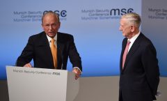 US Minister of Defence James Mattis (R) and Wolfgang Ischinger, Chairman of the Munich Security Conference (L), talk on the first day of the 53rd Munich Security Conference (MSC) at the Bayerischer Hof hotel in Munich, southern Germany, on February 17, 2017. / AFP PHOTO / Christof STACHE
