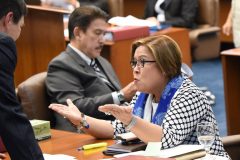 Philippine Senator Leila De Lima (R) gestures as she speaks to colleague Senator Ralph Recto during a senate session in Manila on February 20, 2017. The Philippine government on February 17 filed criminal charges against de Lima, alleging she ran a drug trafficking ring using criminals in the country's largest prison when she was justice secretary. De Lima said in a statement that the charges, which could land her a 30-year jail term, were solely aimed at silencing her criticism of President Rodrigo Duterte. / AFP PHOTO / TED ALJIBE